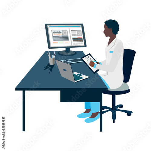 The doctor works in the office at a laptop and computer and writes down a prescription or diagnosis. Thank you doctors and nurses. Vector illustration in a flat style.