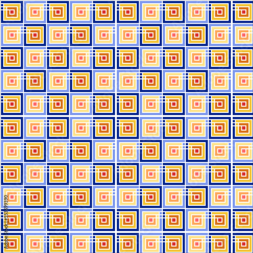 Geometric abstract pattern of bittersweet, ocher, saffron, jasmine, rajah, resolution blue, cornflower blue color square shape creatively arranged on white background. textile design, wall art.