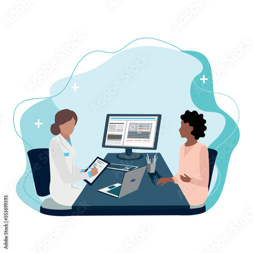 A patient in a doctor's office tells the symptoms, and the doctor writes down the prescription or diagnosis. Thank you doctors and nurses. Vector illustration in a flat style.