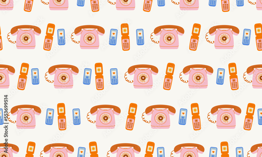 Obraz premium Seamless pattern of old phones. Concept of valentine's day, romance, good moments, love, talks, communications.