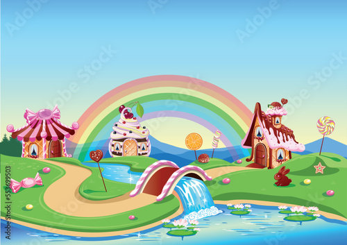 Three sweet houses with chocolate  waffles and cookies  decorated with sweets and a bridge over a river in candy country. Fairy tale background with gingerbread house in cartoon style vector