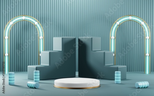 3D render of Podium background in blue tones for displaying cream products. cosmetics