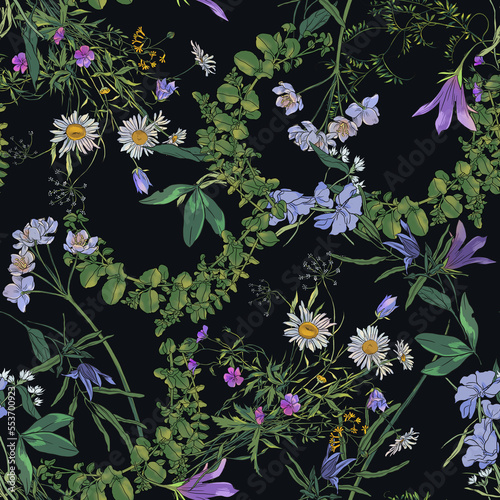 Seamless floral pattern with different wildflowers on a black background.