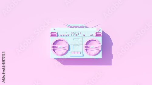 Pale Blue Pink Vintage 80's Style Boombox Hi Fi Portable Cassette Player Stereo Speakers Pink Background 3d illustration render