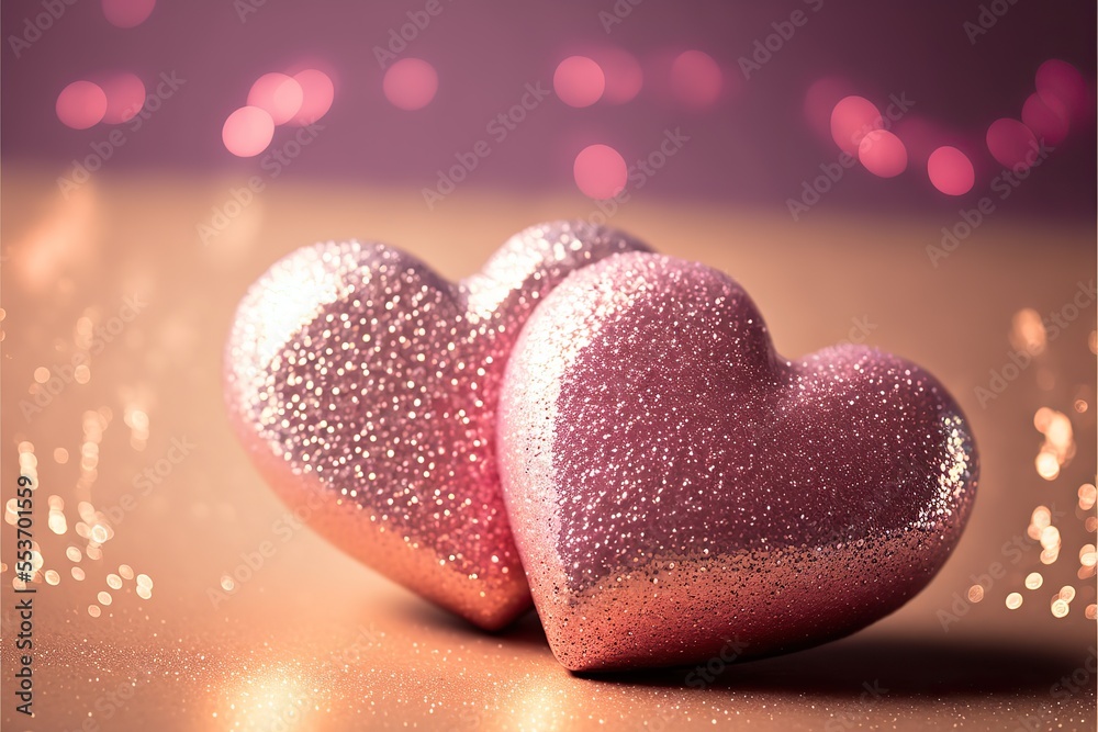 Obraz premium Two hearts on the pink sparkly background. Valentine's day card design. Generative ai. 