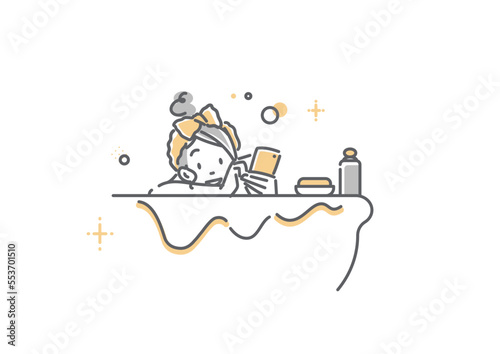 バスタブでスマホを使う若い女性　シンプルでお洒落な線画イラスト