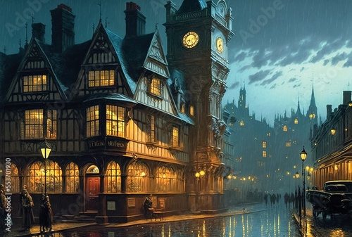 Old European city landscape, dark town with glowing lights, historical cityscape, London street of 19th century