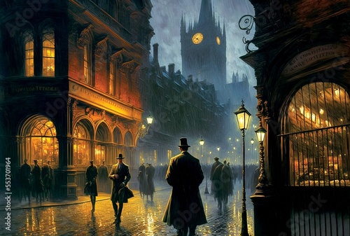 Old European city landscape, night city in the rain painting, historical cityscape, London or Prague street of 19th century photo