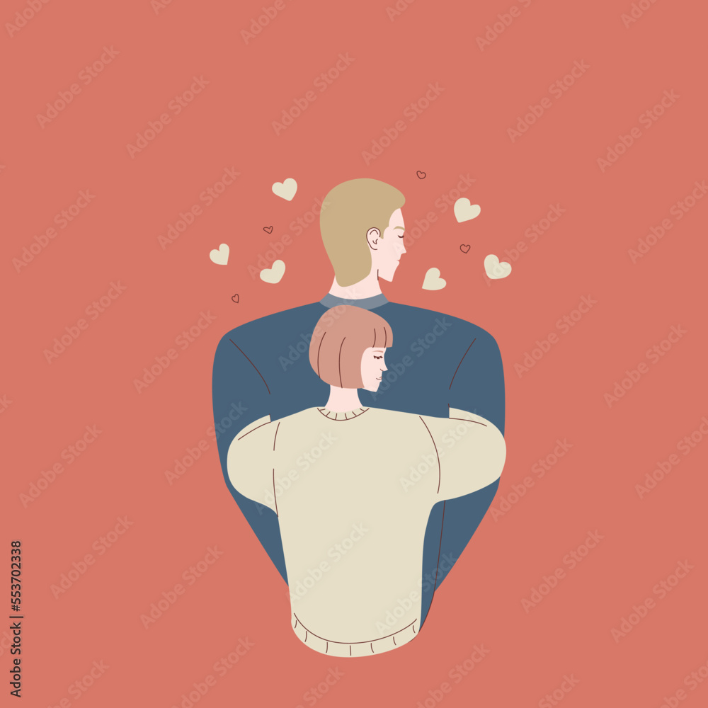 Romantic couple, hug, closed eyes, flat illustration, line art, support ...