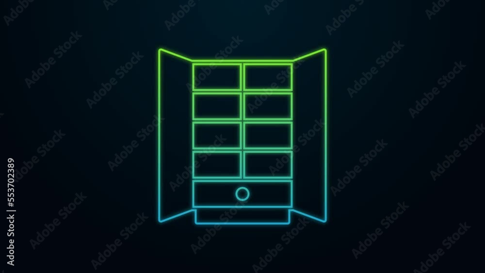 Glowing neon line Wardrobe icon isolated on black background. Cupboard sign. 4K Video motion graphic animation Glowing neon line Wardrobe icon isolated on black background. Cupboard sign. 4K Video motion graphic animation