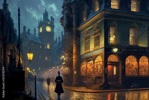 Old European cityscape, historical city landscape, evening town with glowing lights, London or Prague of 19th century