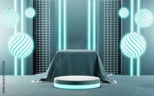 3D render of Podium background in blue tones for displaying cream products. cosmetics