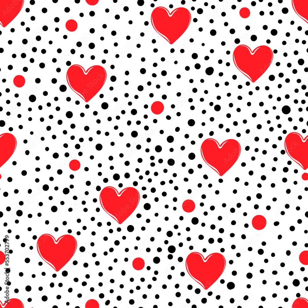 Seamless pattern of hearts and polka dot on white background. Hand drawn Valentine's Day template. Design print to social media,  textile, wallpaper, wrapping paper, flyer, home decor.