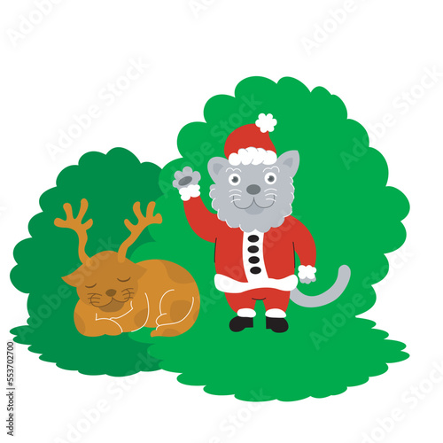 santa claus cat in front of bushes with deer cat