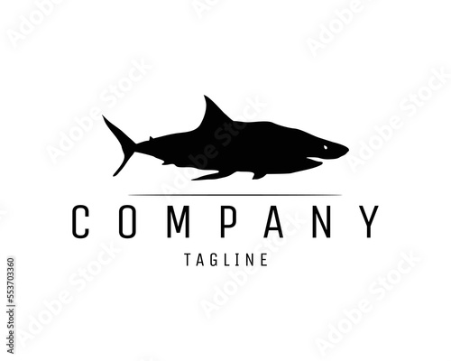 ferocious male shark logo silhouette isolated white background showing from side. Best for badge, emblem, icon, sticker design and for marine animal industry. vector illustration available in eps 10.
