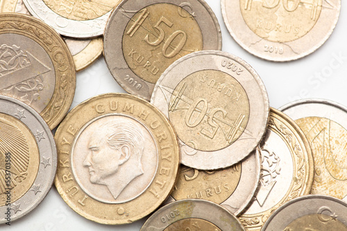 Turkish lira coins as a background. photo