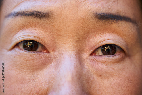 Close up of senior Asian woman's eyes looking at the camera