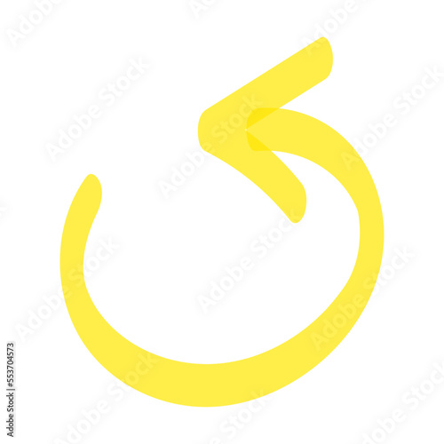 Line drawn circular arrow by yellow marker. Vector illustration of underline stroke, arrow direction, cross, tick check mark isolated on white