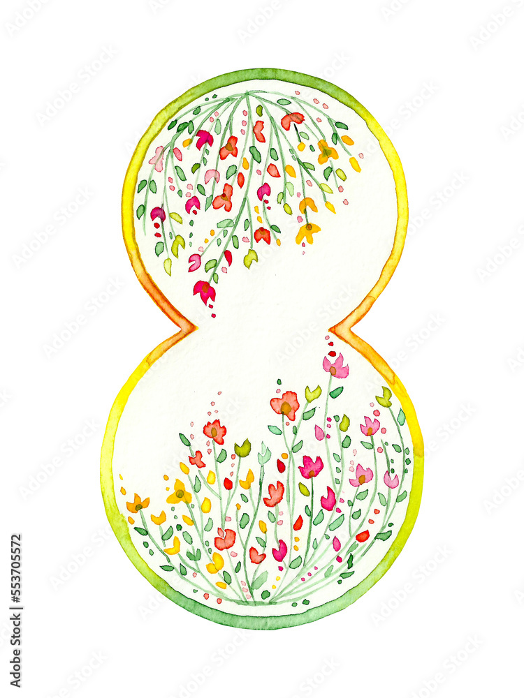 Watercolor illustration of number eight in spring style for international women's day. Watercolor illustration of number eight in spring style for international women's day.