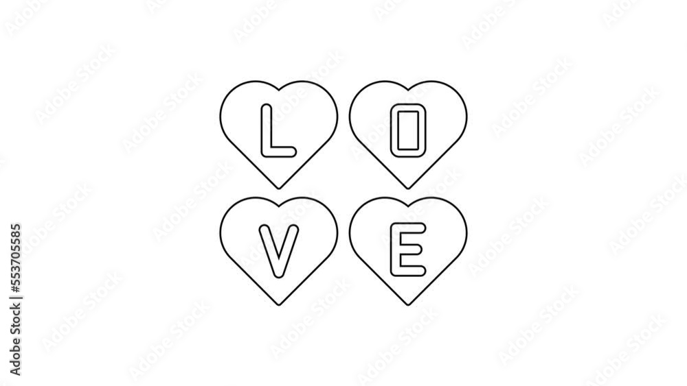 Black line Love text icon isolated on white background. Valentines day greeting card template. 4K Video motion graphic animation Black line Love text icon isolated on white background. Valentines day greeting card template. 4K Video motion graphic animation