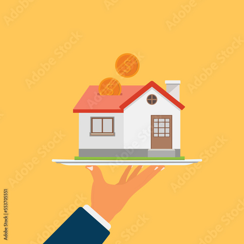 Buying Home with Mortgage and Paying Credit to Bank. Invest Money in Real Estate Property. House Loan, Rent and Mortgage Concept.  Vector illustration 