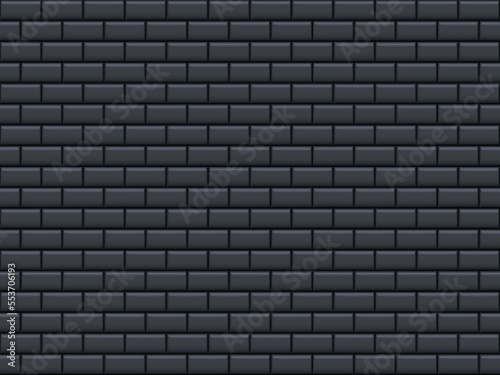 Black glossy brick wall with ceramic rectangle tiles pattern horizontal background. Home interior, bathroom and kitchen wall texture. Vector elegant dark shiny brickwall background