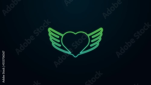 Glowing neon line Heart with wings icon isolated on black background. Love symbol. Happy Valentines day. 4K Video motion graphic animation