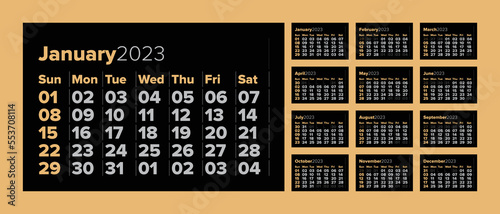 Modern Monthly Calendar Template For 2023 Year. Wall Calendar In A Minimalist Style With Orange Dates. Big Dates On Black Background. Week Starts On Sunday. (ID: 553708114)