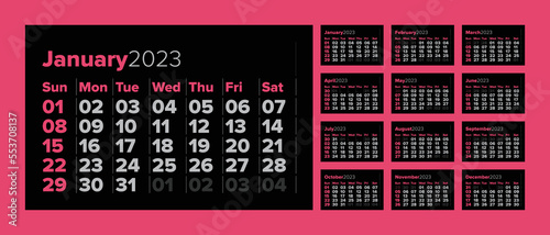 2023 Calendar Template With Big Dates On Black Dark Background. Simple And Minimal Design. Calendar Design Concept With Easy And Clear To Read Theme. Set Of 12 Months 2023 Pages. Week Starts On Sunday (ID: 553708137)