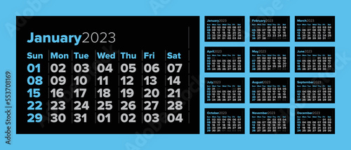 Set Of 2023 Calendar Template With Big Dates On Dark Background. Vector Layout Of A Wall Or Desk Simple Calendar With Week Start Sunday. Calendar Grid In Blue Color For Print (ID: 553708169)