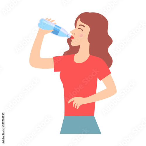 Woman drinks water from a bottle, quenches thirst. Different types of pain cartoon illustration. Girl feeling fatigue, hunger, thirst, dizziness isolated