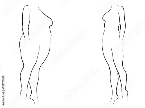 Vector conceptual fat overweight obese female vs slim fit healthy body after weight loss or diet with muscles thin young woman isolated. Fitness, nutrition or fatness obesity, health silhouette shape