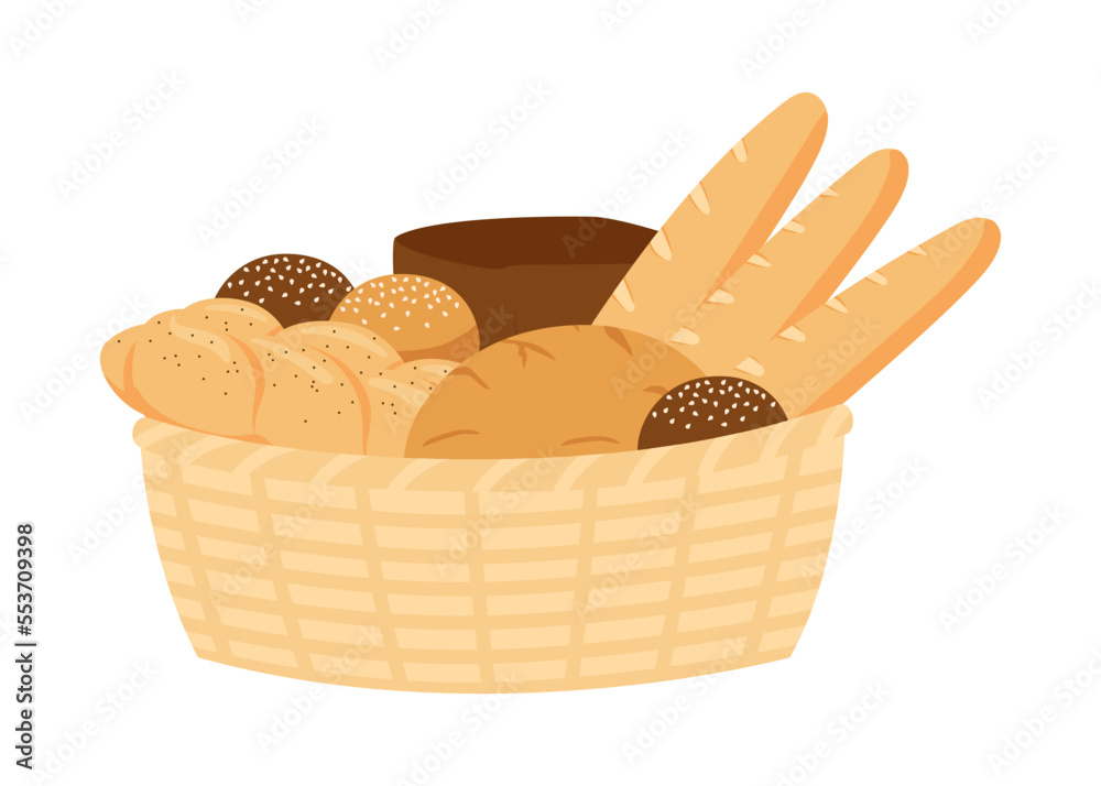 Wicker basket with pastry bread from wheat, whole grain and rye, bakery food, bun. Loaf, bread brick, toast bread, french baguette, challah. Vector illustration