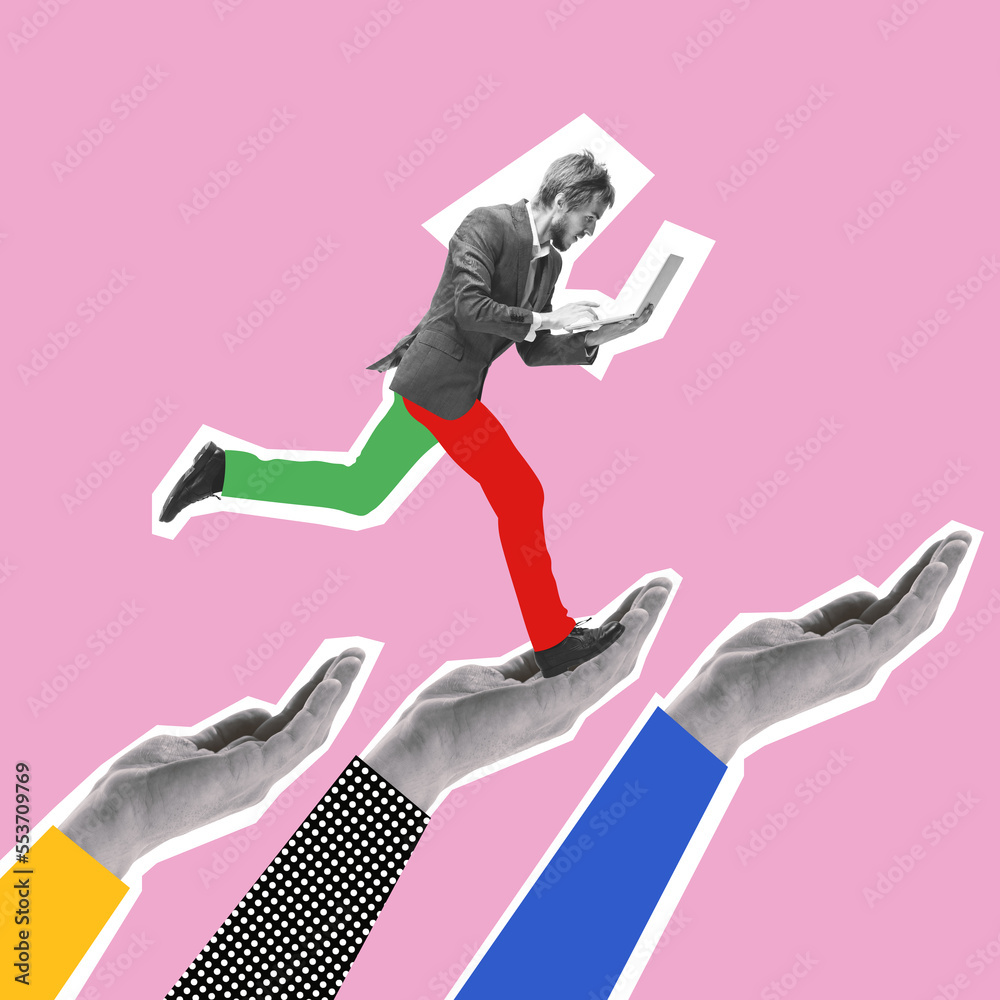 © master1305 - Contemporary art collage. Motivated man, employee working on laptop and running on human hands. Professional growth