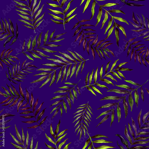 Watercolor seamless pattern with palm leaves. Beautiful allover tropical print with hand drawn exotic plants. Swimwear botanical design. 