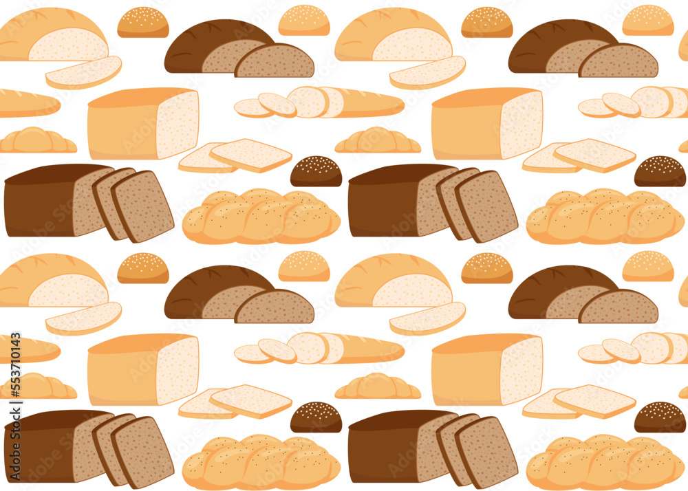 Pattern from pastry bread from wheat, whole grain and rye, bakery food, bun. Seamless background with loaf, bread brick, croissant, toast bread, French baguette, challah. Vector illustration Pattern from pastry bread from wheat, whole grain and rye, bakery food, bun. Seamless background with loaf, bread brick, croissant, toast bread, French baguette, challah. Vector illustration