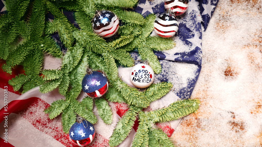 God bless America lettering in Christmas ball. USA flag. Happy Merry Christmas and New Year!