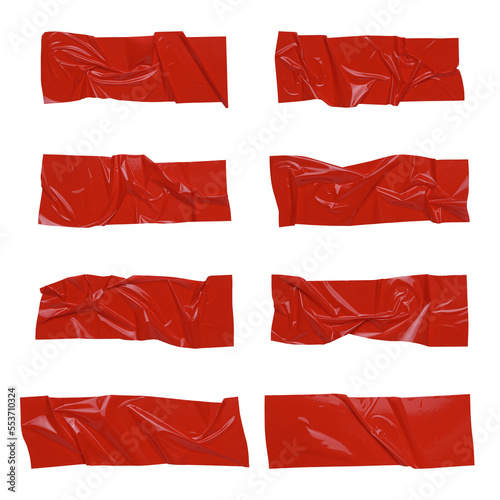Red wrinkled adhesive tape isolated on white background. Red Sticky scotch tape of different sizes.	
