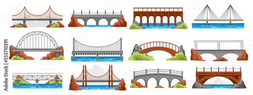 Cartoon bridge architecture. Suspension river crossing bridgework, railway road drawbridge in mountains, urban industrial construction. Vector set photo