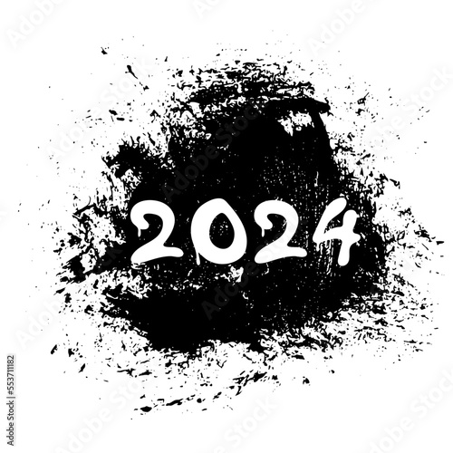 Graffiti 2024 date with splash effects and drops in black on white. Urban street graffiti style. Print for banner, poster, greeting card, sticker. Vector illustration