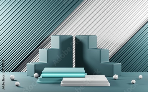 3D render of Podium background in blue tones for displaying cream products. cosmetics