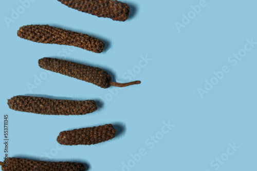 Dry Indian long pepper . Piper Longum ,Piper retrofractum, Pippali, Long pepper. Pattern texture background. Top view.