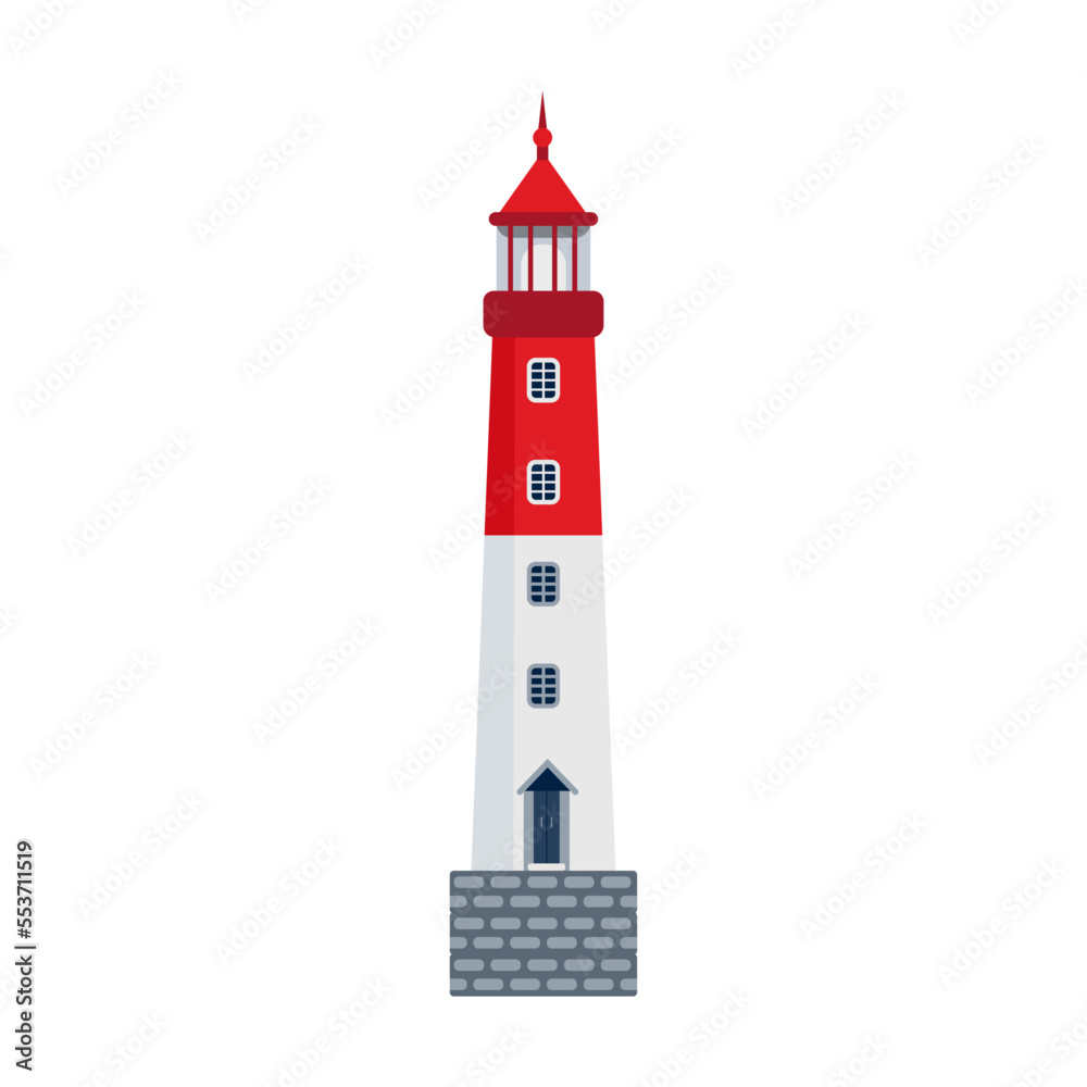 Tall lighthouse vector illustration. Cartoon drawing of seaside tower, nautical beacon isolated on blue background