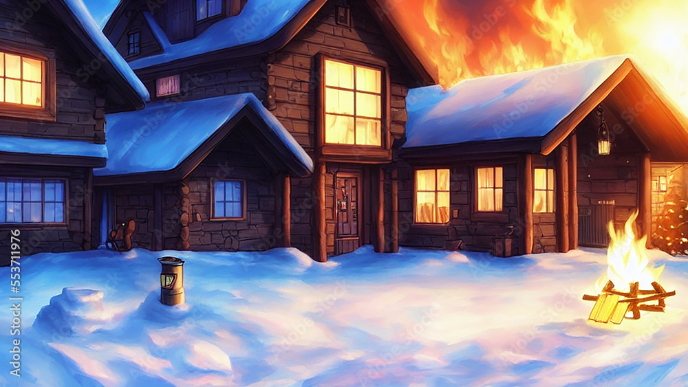 A cozy cabin nestled in the snow, with a warm fire burning A cozy cabin nestled in the snow, with a warm fire burning