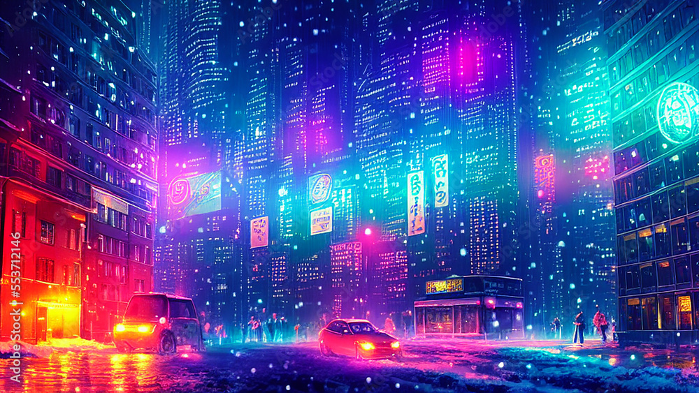 Fototapeta premium cyberpunk, A snow-covered city at night, with twinkling lights