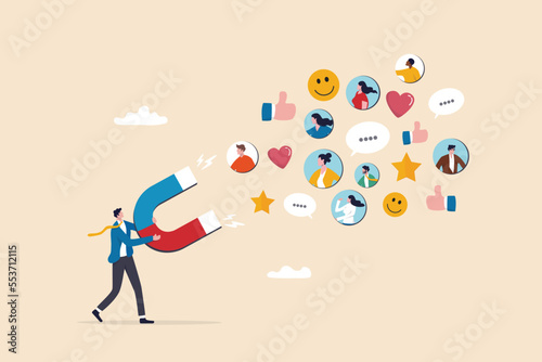 Brand engagement or customer engagement, social positive feedback after using product and share loyalty and trust concept, businessman magnet draw customers with brand engagement impression symbol.