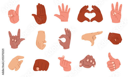 Cartoon human hands. Gestures with pointing fingers clenched fists okay sign handshake forefinger touch, body language expression. Vector flat set