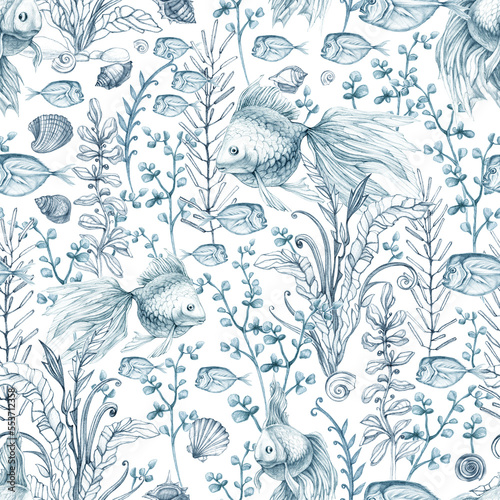 Sea life. Fish, marine plants, seashells. Seamless pattern. Hand drawn.