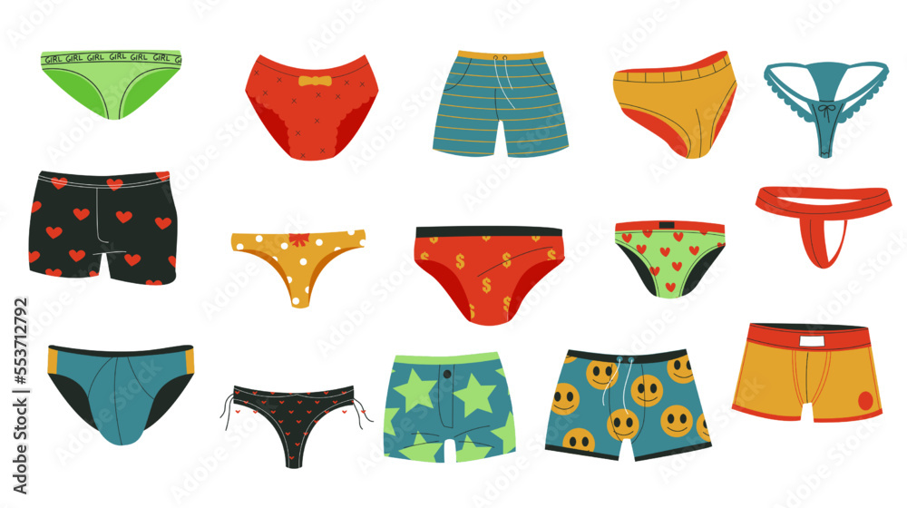 Men and women underpants. Doodle male female kid colorful underwear clothing, cartoon knickers
