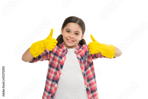 Weekends were not made for housework. Housekeeping duties. Cleaning supplies. Girl rubber gloves for cleaning white background. Teach kid appreciate cleanliness. Cleaning day. She likes tidiness